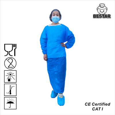 ผ้ากันเปื้อนทางการแพทย์ CPE แขนยาวข้อมือยางยืดสีน้ำเงินผ้ากันเปื้อนสำหรับอุตสาหกรรมอาหาร
