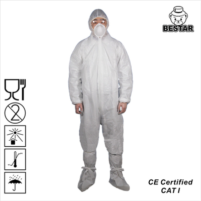 ชุดกันฝุ่นสีขาวแบบใช้แล้วทิ้ง SPP+PE Coverall สำหรับกฎสุขอนามัยและการทำความสะอาด