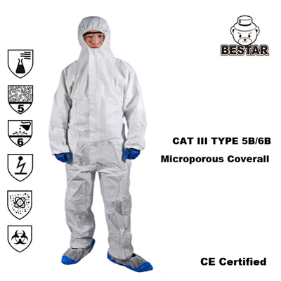 CAT III EN14126 TYPE 5B/6B ชุดคลุมฟิล์มพรุนสีขาวสำหรับการแพทย์และโรงพยาบาล
