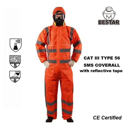 CE Certified Cat III Type 5/6 SMS Coverall พร้อมเทปสะท้อนแสง