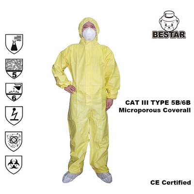 Cat III Type 5B / 6B ชุดคลุมทางการแพทย์แบบใช้แล้วทิ้งชุดป้องกันสารเคมีสำหรับโรงพยาบาล
