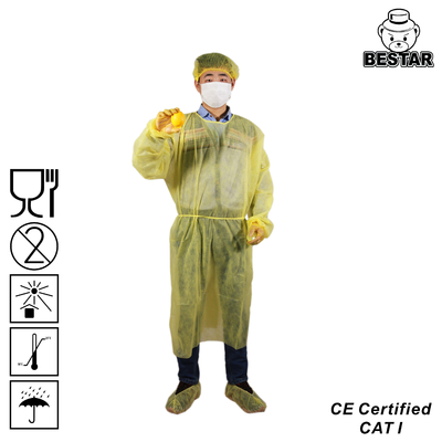 Polypropylene pPE Sterile Disposable Gowns ชุดทิ้งสีเหลืองที่ไม่เป็นอันตราย
