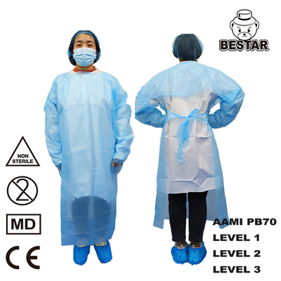 ชุดกาวน์แบบใช้แล้วทิ้งที่ผ่านการรับรอง CE AAMI PB70 ระดับ 2 ชุด Ppe แบบใช้แล้วทิ้ง
